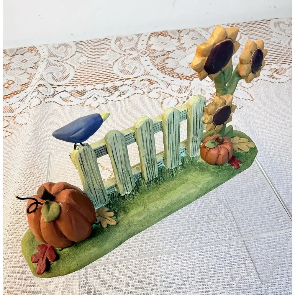 Blossom Bucket Suzi Resin Fall Pumpkin Fence Flower Bird Figurine 116-84563 Rare
